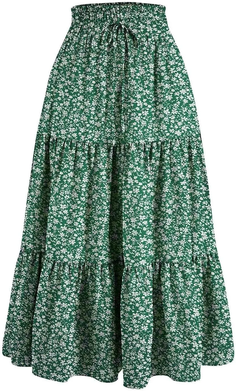 Skirts for Women Summer Boho Casual Maxi Flowy Elastic High Waist A-Line Tiered Swing Floral Elegant Long Skirt