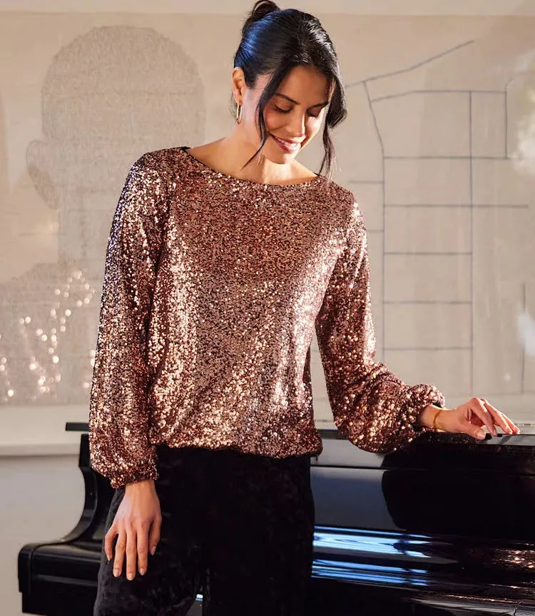Sora Sequin Boatneck Top in Copper - Karen Kane 3L30500