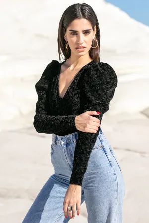 Sun Sea & Roses  Maia Puff Sleeve Velvet Bodysuit Black