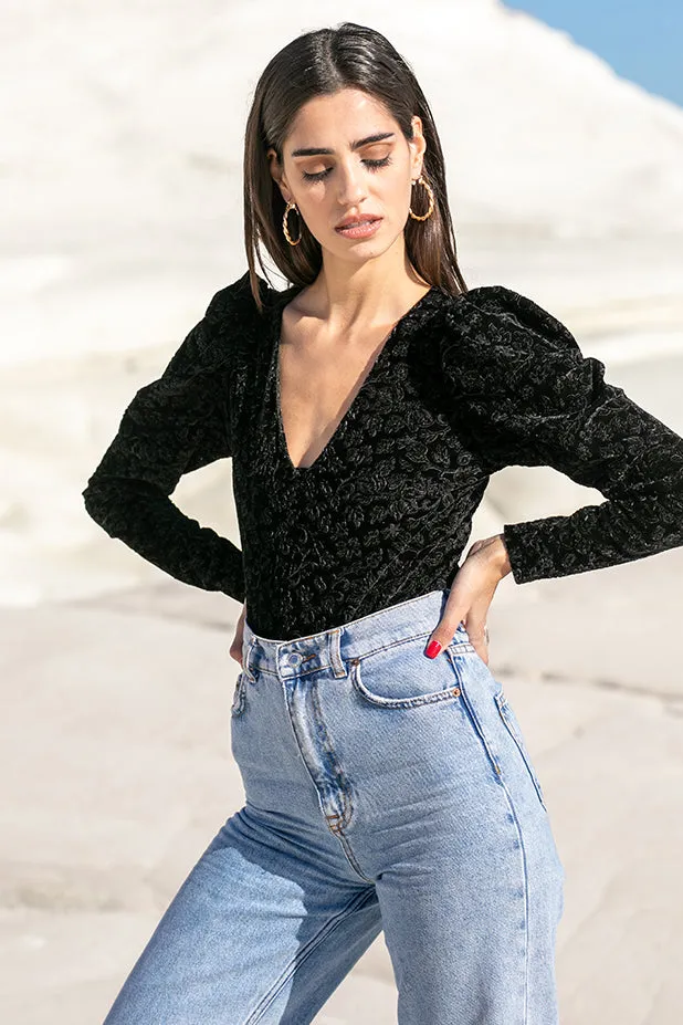 Sun Sea & Roses  Maia Puff Sleeve Velvet Bodysuit Black