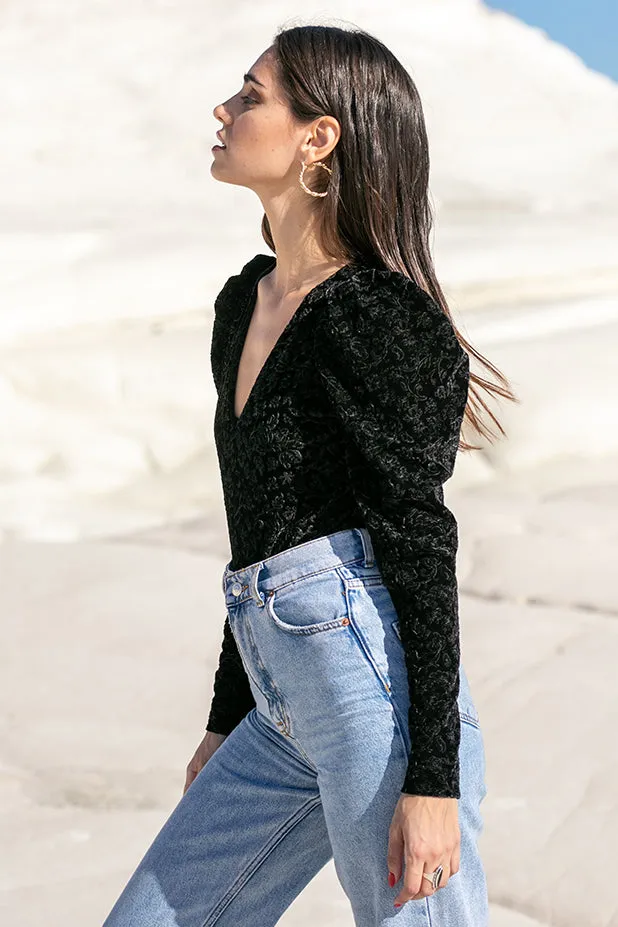 Sun Sea & Roses  Maia Puff Sleeve Velvet Bodysuit Black