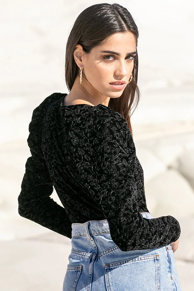 Sun Sea & Roses  Maia Puff Sleeve Velvet Bodysuit Black