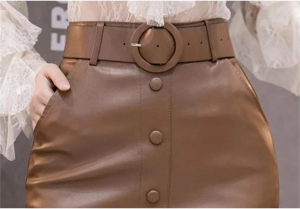 Winter Faux Leather Women's Wrap Skirts with Belted High Waist PU Leather Pencil Skirts