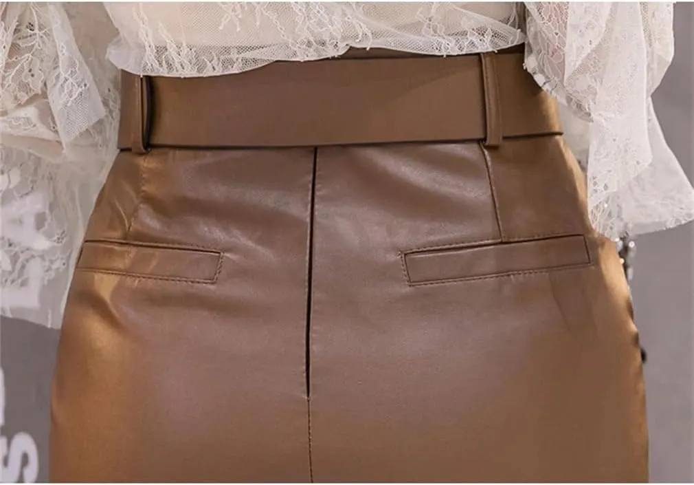 Winter Faux Leather Women's Wrap Skirts with Belted High Waist PU Leather Pencil Skirts