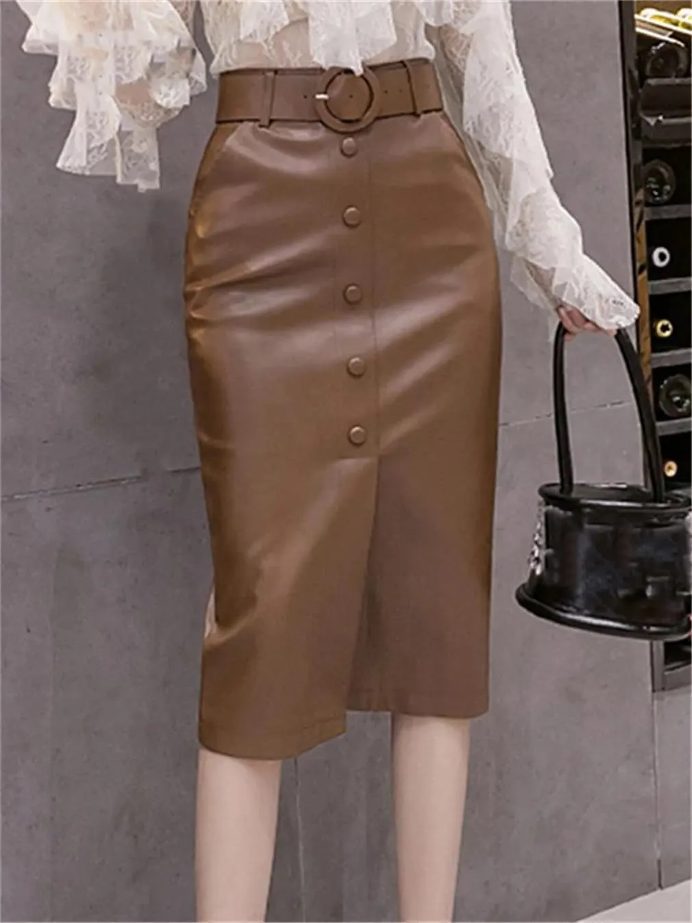 Winter Faux Leather Women's Wrap Skirts with Belted High Waist PU Leather Pencil Skirts