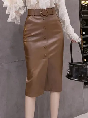 Winter Faux Leather Women's Wrap Skirts with Belted High Waist PU Leather Pencil Skirts