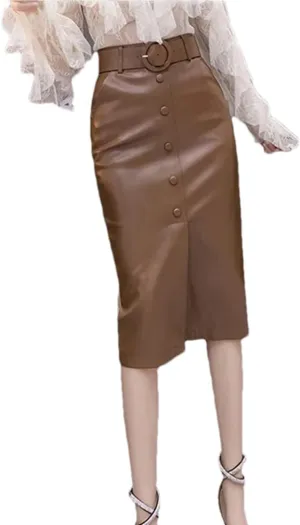 Winter Faux Leather Women's Wrap Skirts with Belted High Waist PU Leather Pencil Skirts