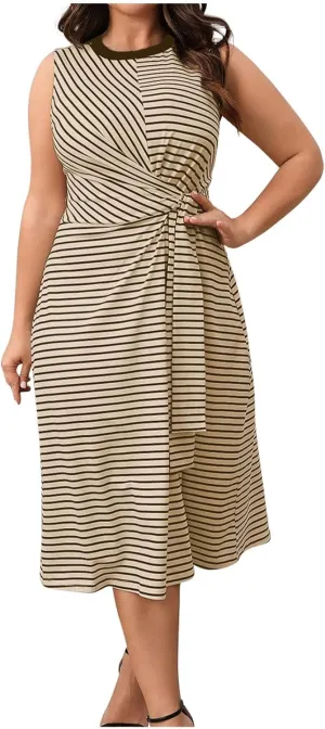 Women Plus Size Midi Dresses Summer Fashion Striped Sleeveless Round-Neck Lace up Ruched Tank Dress Beach Sundress