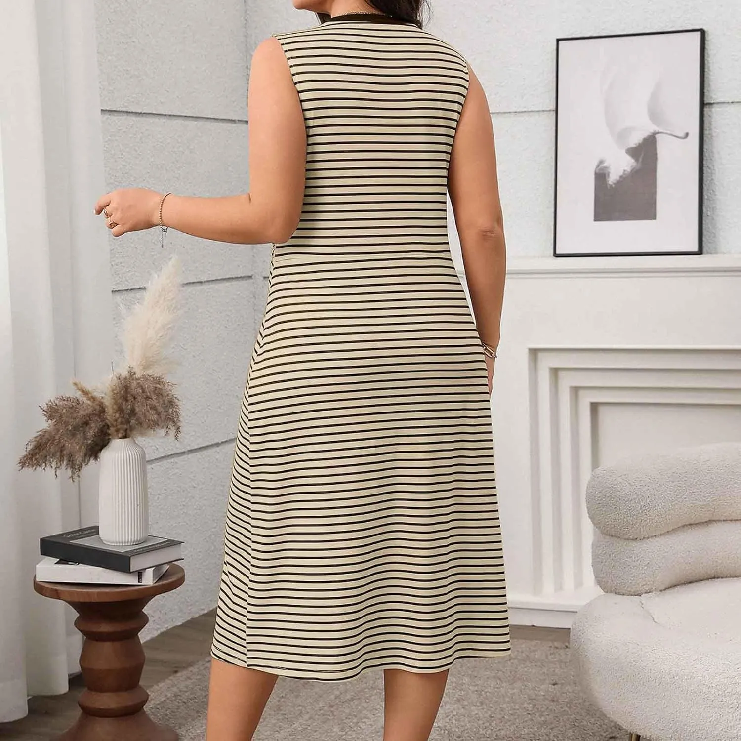 Women Plus Size Midi Dresses Summer Fashion Striped Sleeveless Round-Neck Lace up Ruched Tank Dress Beach Sundress