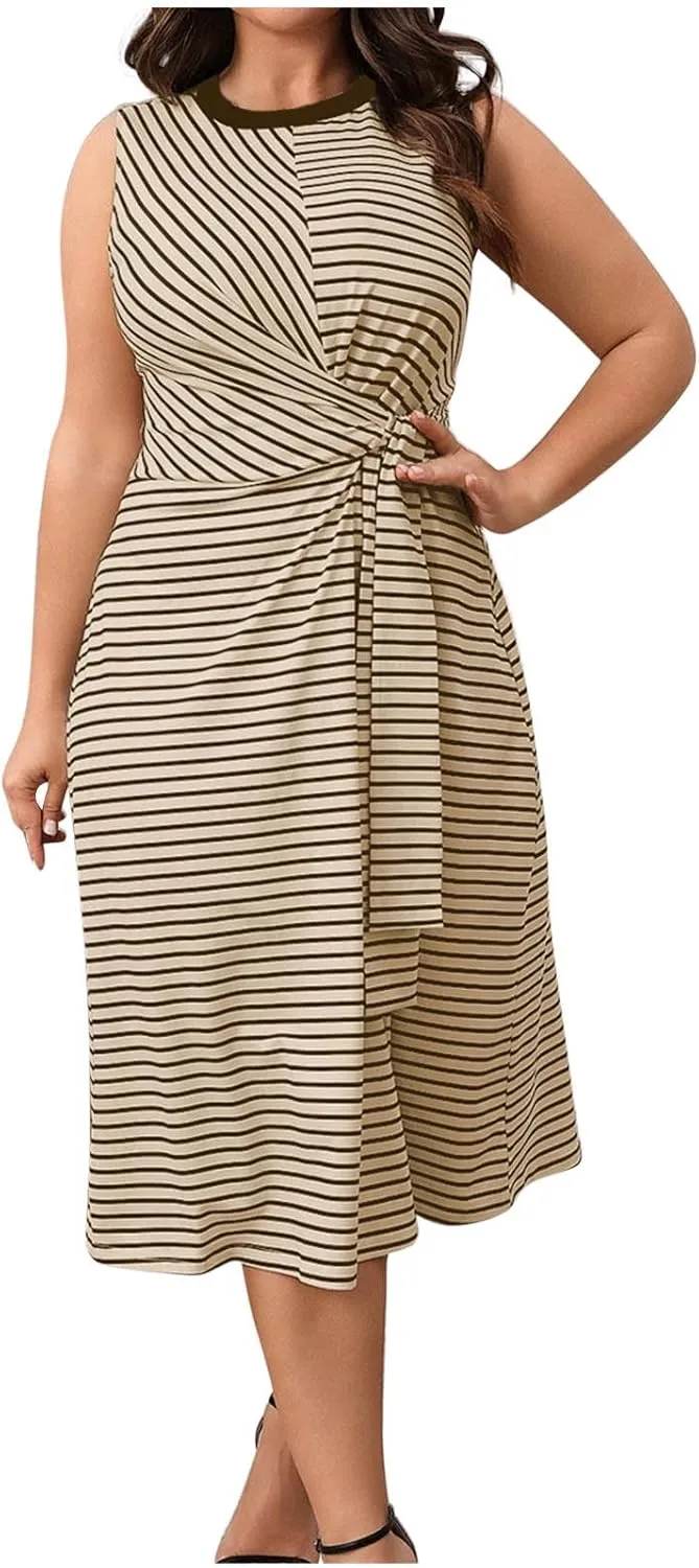 Women Plus Size Midi Dresses Summer Fashion Striped Sleeveless Round-Neck Lace up Ruched Tank Dress Beach Sundress
