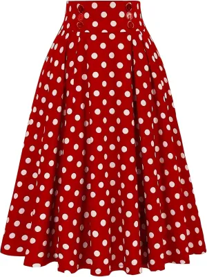 Women Vintage Skirt High Waist Rockabilly Swing Casual Party Skirts Contrast Polka Dot Flowy Beach Midi A-Line Skirts