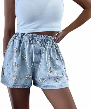 Women's Baggy Jean Shorts High Waisted Trendy Casual Stretchy Drawstring Rhinestone Diamond Loose Trendy Denim Shorts