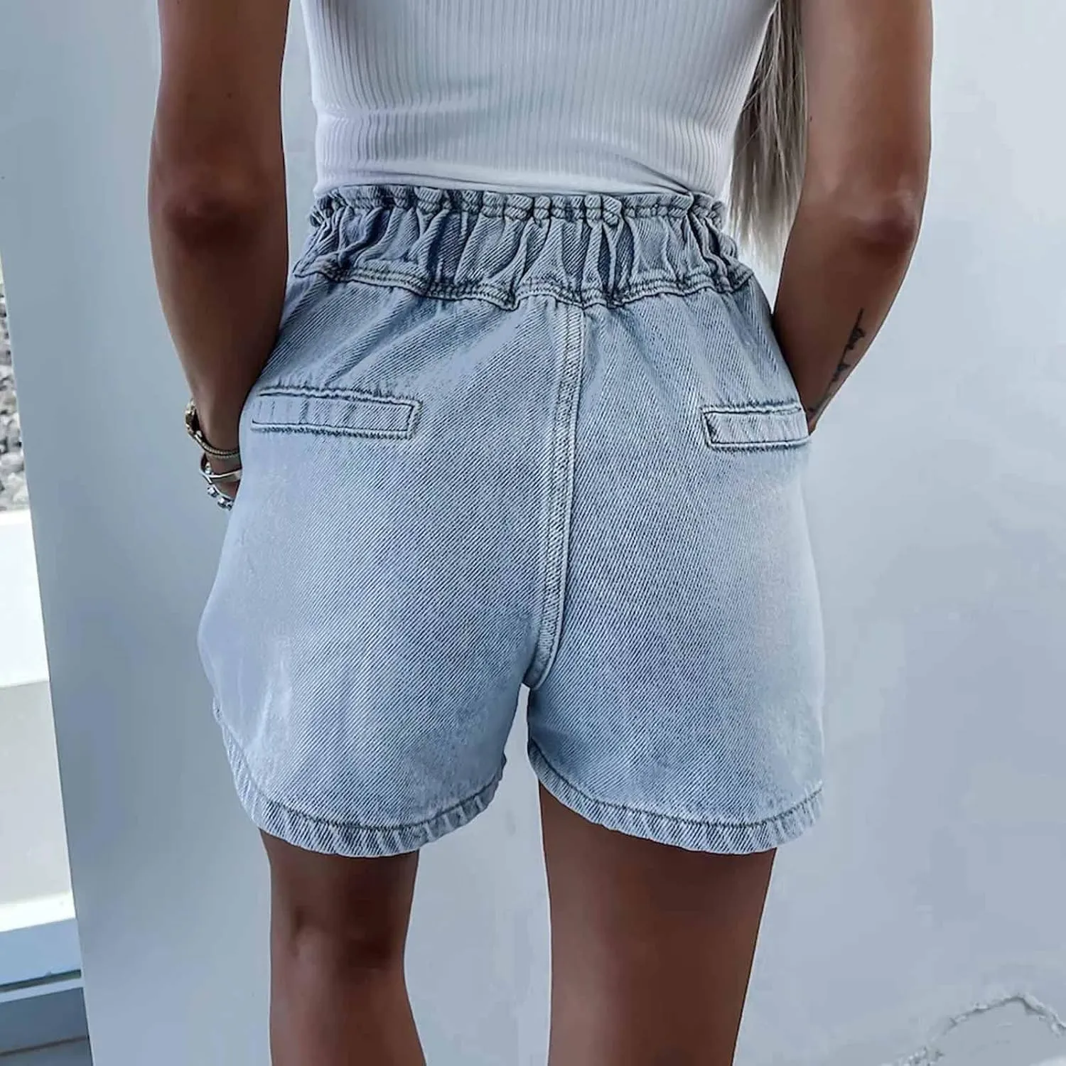 Women's Baggy Jean Shorts High Waisted Trendy Casual Stretchy Drawstring Rhinestone Diamond Loose Trendy Denim Shorts