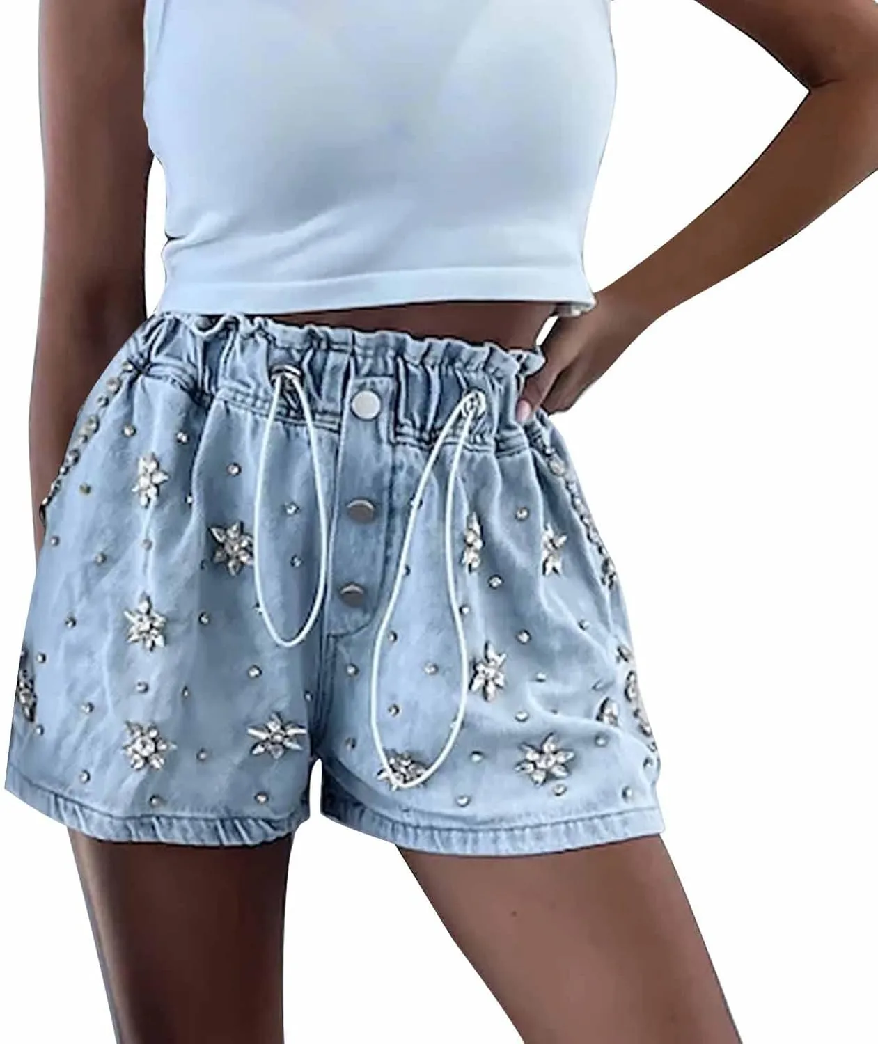 Women's Baggy Jean Shorts High Waisted Trendy Casual Stretchy Drawstring Rhinestone Diamond Loose Trendy Denim Shorts