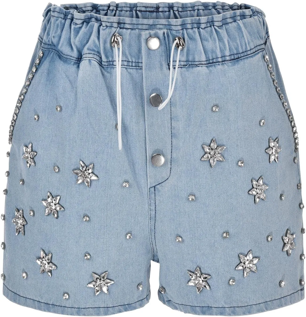 Women's Baggy Jean Shorts High Waisted Trendy Casual Stretchy Drawstring Rhinestone Diamond Loose Trendy Denim Shorts