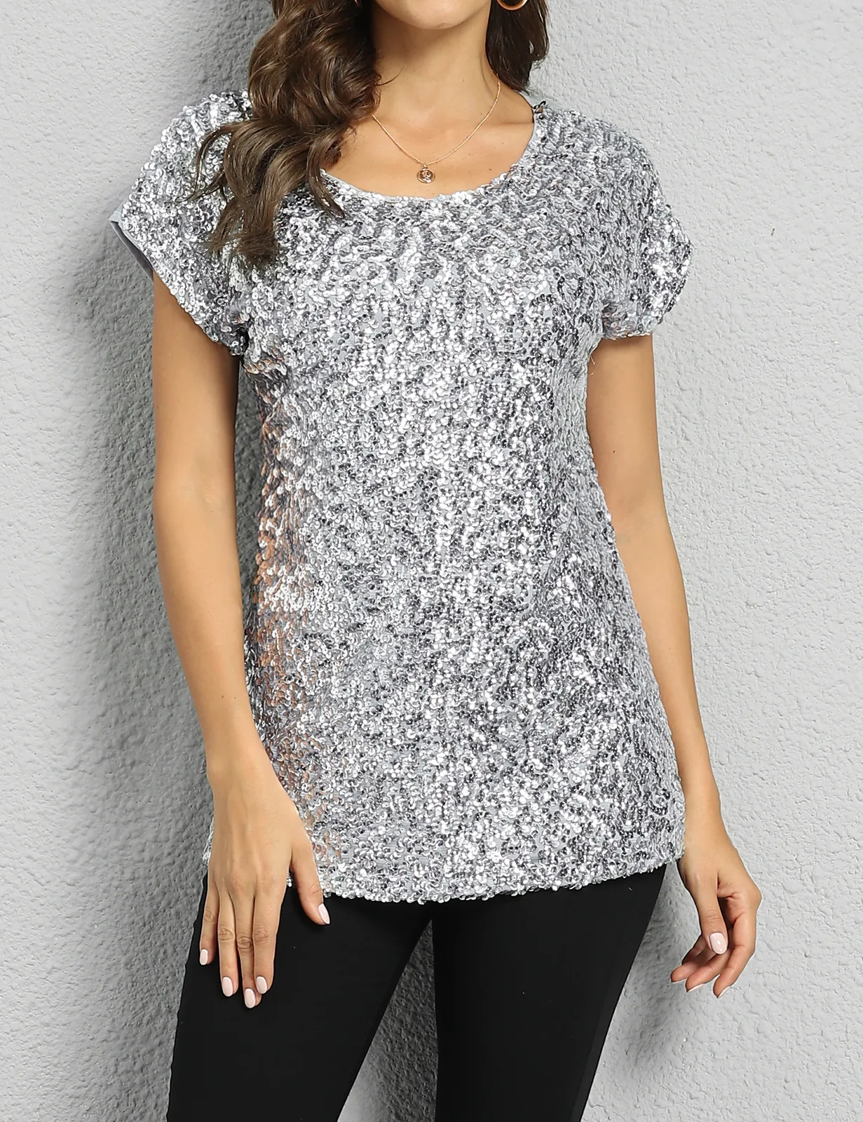 Women's Bat Sleeve Loose Sequin Tunic Tops