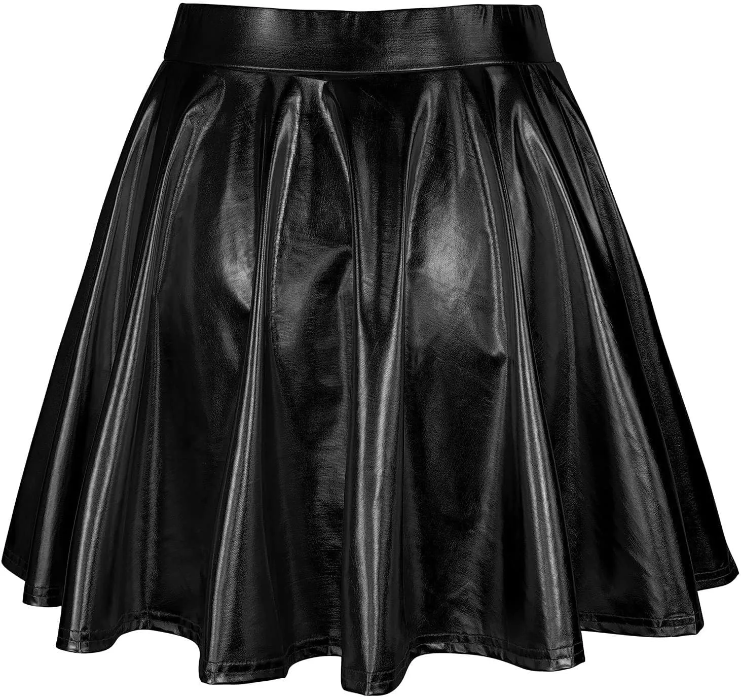 Women's Fashion High Waist Pleated Solid Color Short Skirt Loose Skirt Metallic Skater Skirt Girls Faux Leather