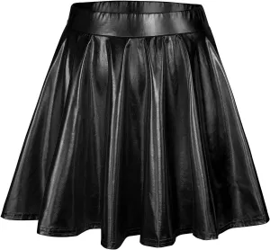 Women's Fashion High Waist Pleated Solid Color Short Skirt Loose Skirt Metallic Skater Skirt Girls Faux Leather