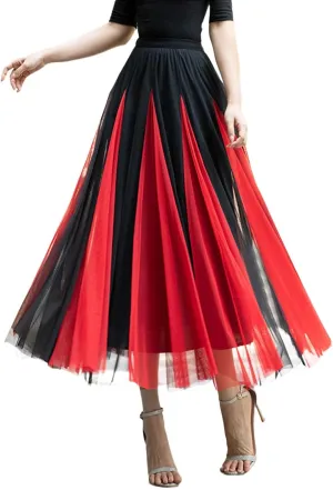 Womens Fashion Patchwork Mid Length Skirts Casual Flowy Tulle Bubble Fairy Skirt Carnival Holiday Party A Line Skirts