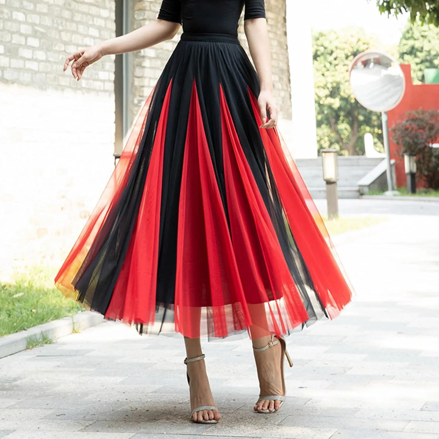 Womens Fashion Patchwork Mid Length Skirts Casual Flowy Tulle Bubble Fairy Skirt Carnival Holiday Party A Line Skirts