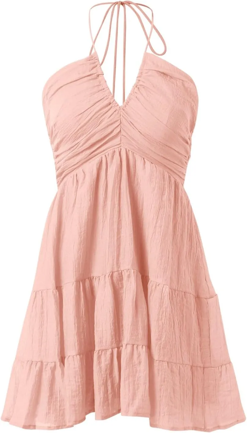 Women's Floral Print Halter Neck Mini Dress Ruched Sleeveless Ruffle Cut Out Flowy Tiered Cute Beach Club Short Dress