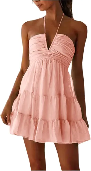 Women's Floral Print Halter Neck Mini Dress Ruched Sleeveless Ruffle Cut Out Flowy Tiered Cute Beach Club Short Dress
