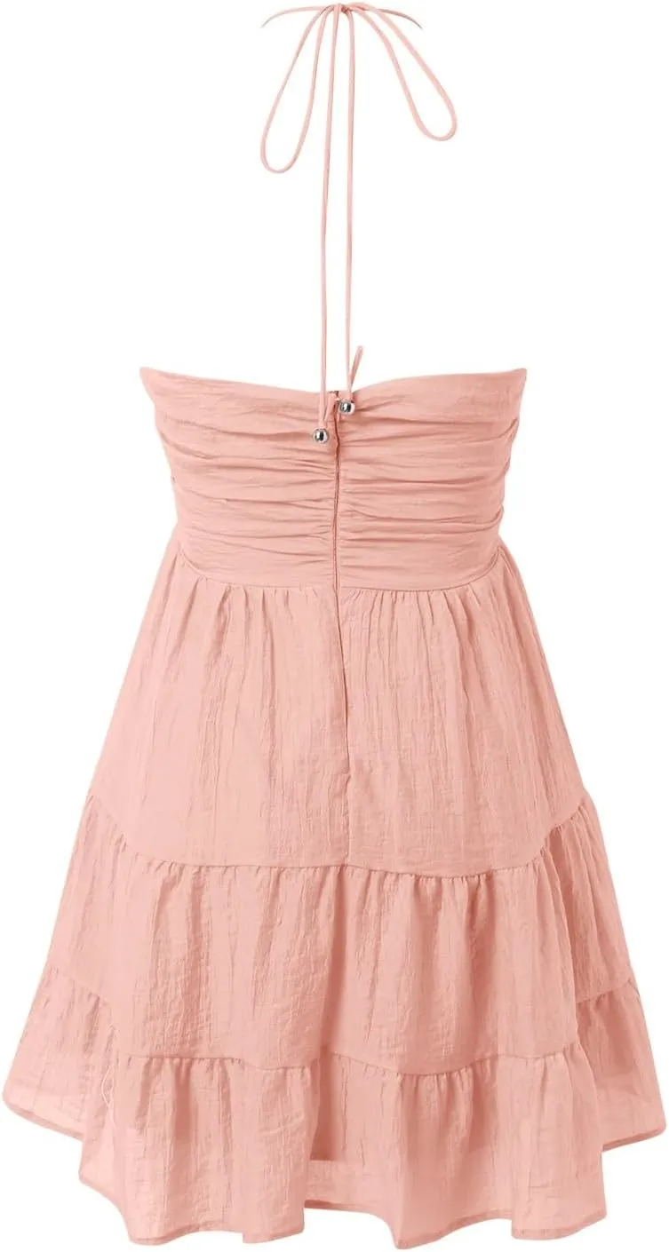 Women's Floral Print Halter Neck Mini Dress Ruched Sleeveless Ruffle Cut Out Flowy Tiered Cute Beach Club Short Dress