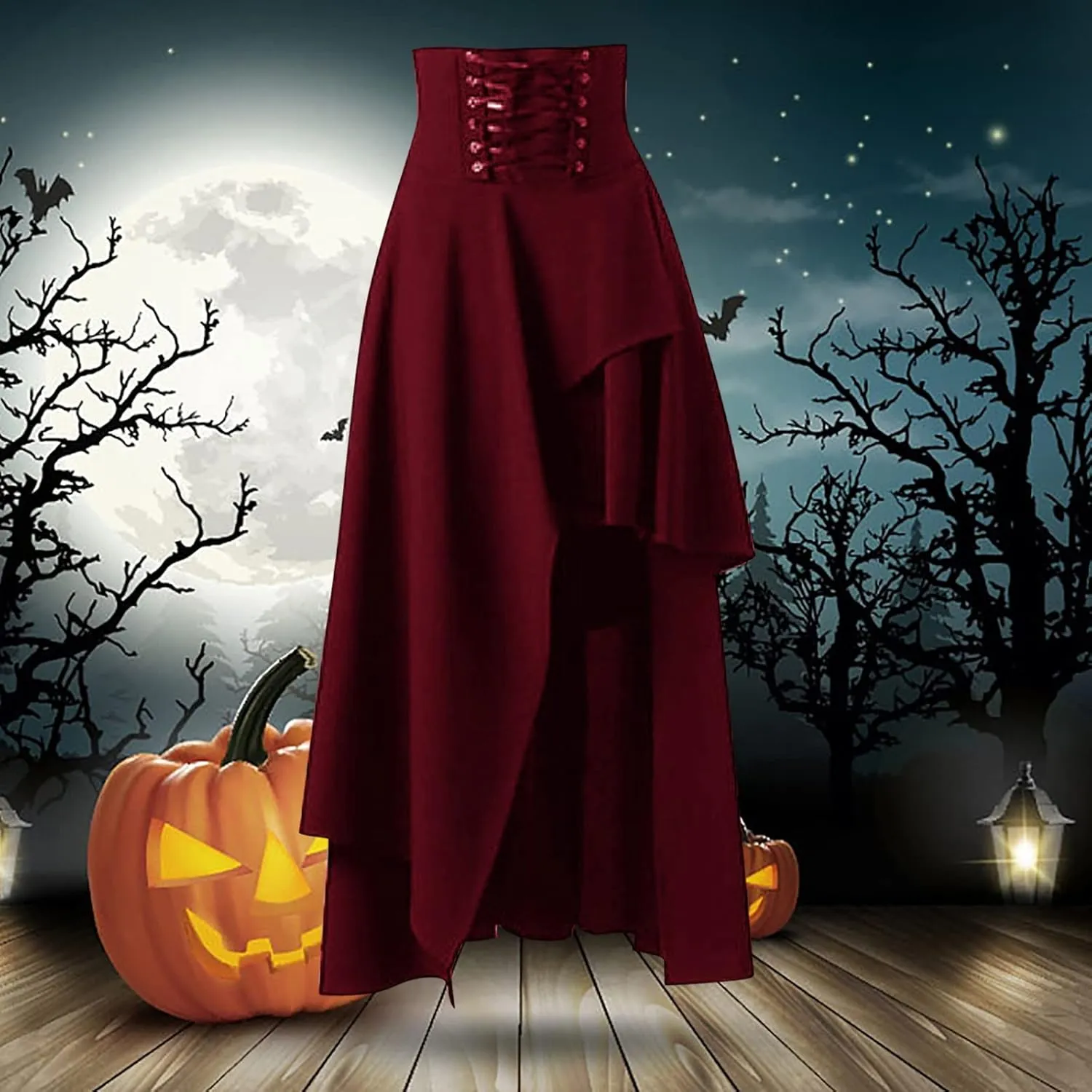 Womens Gothic Vintage Skirts Slim Fit Irregular Hem Midi Skirt Tummy Control Drawstring Knee Length Skirts 2025 Clothes