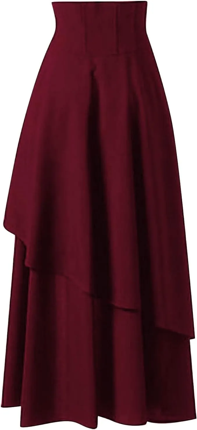 Womens Gothic Vintage Skirts Slim Fit Irregular Hem Midi Skirt Tummy Control Drawstring Knee Length Skirts 2025 Clothes