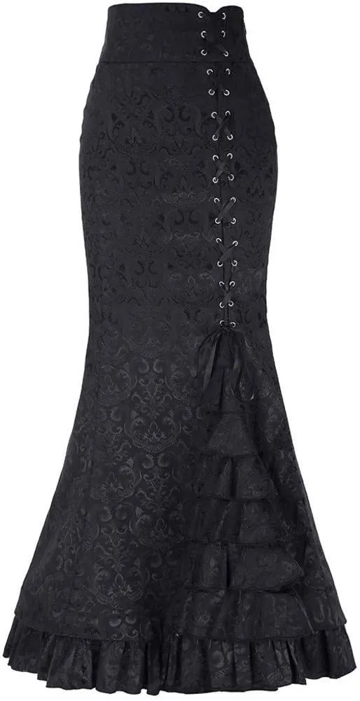 Women's Retro Lace-Up Drawstring Tiered Ruffle Maxi Long Mermaid Pencil Skirt Trendy Plus Size Slim Fishtail Skirts
