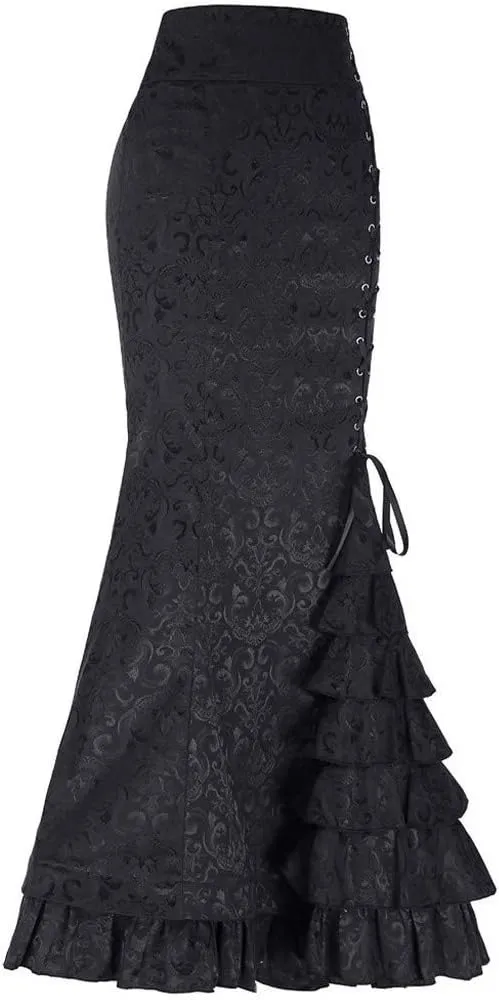 Women's Retro Lace-Up Drawstring Tiered Ruffle Maxi Long Mermaid Pencil Skirt Trendy Plus Size Slim Fishtail Skirts