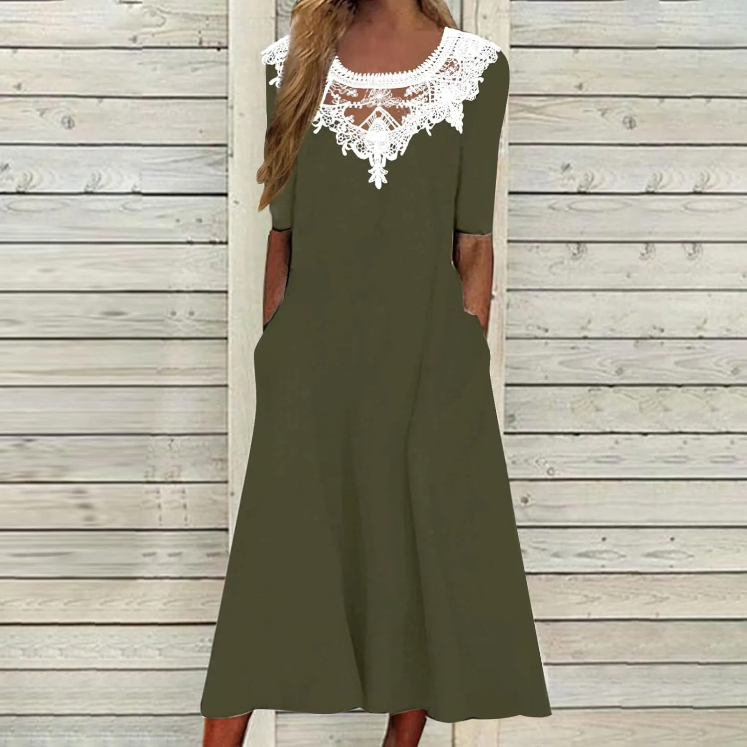 Womens Summer Dresses Beach Casual Loose Tshirt Dress Lace Neck Short Sleeve Flowy A Line Swing Sundress with Pockets