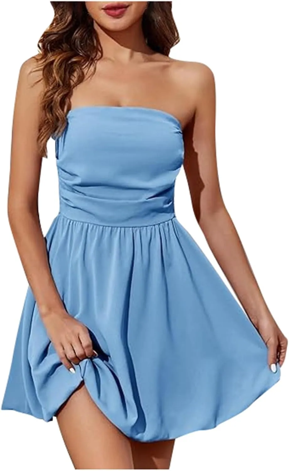 Women's Summer Strapless Mini Dress Tube Top Bubble Skirt 2025 Short Pleated A Line Patchwork Beach Party Sundress