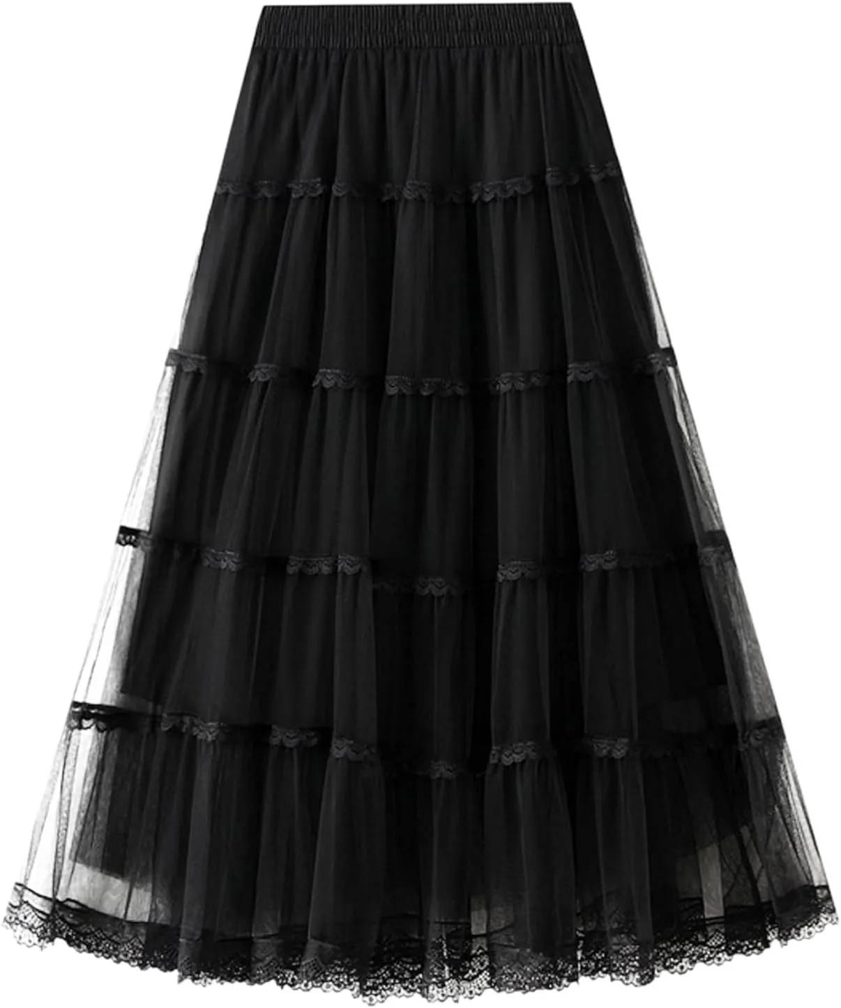 Womens Tulle Midi Skirt Dance Party A Line Elastic High Waisted Lace Skirt Mesh Puffy Long Maxi Skirt Holiday Skirts