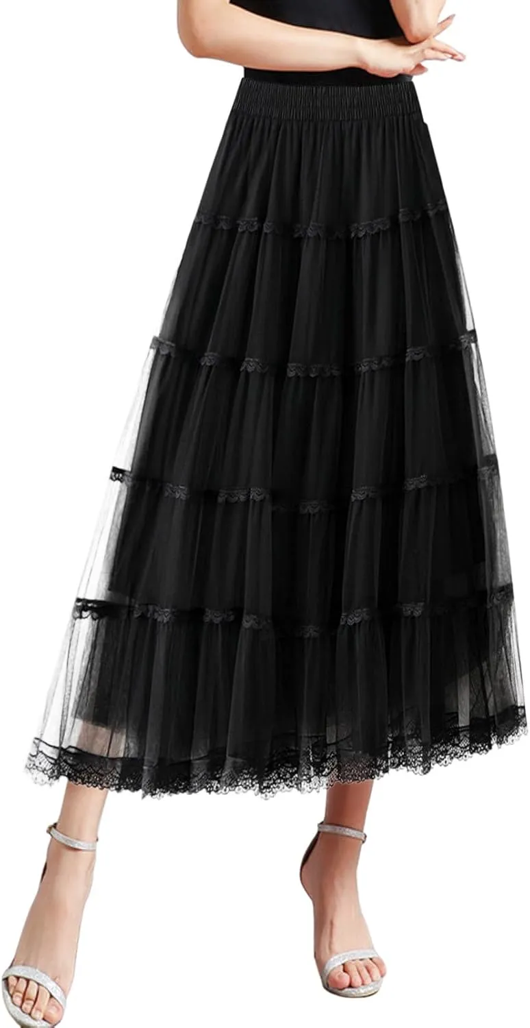 Womens Tulle Midi Skirt Dance Party A Line Elastic High Waisted Lace Skirt Mesh Puffy Long Maxi Skirt Holiday Skirts
