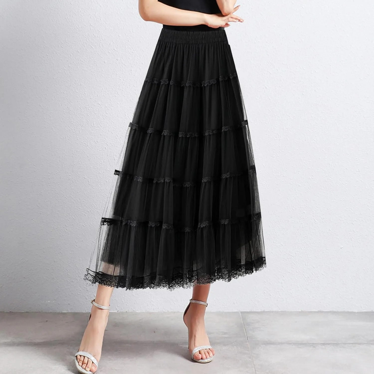 Womens Tulle Midi Skirt Dance Party A Line Elastic High Waisted Lace Skirt Mesh Puffy Long Maxi Skirt Holiday Skirts