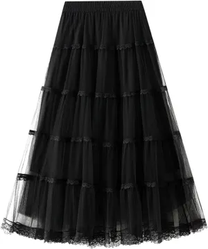 Womens Tulle Midi Skirt Dance Party A Line Elastic High Waisted Lace Skirt Mesh Puffy Long Maxi Skirt Holiday Skirts